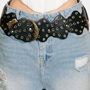 Grommeted Vegan Leather Patch Linked Belt Black